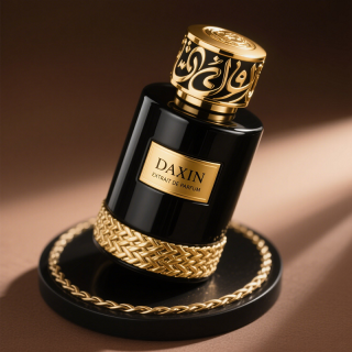 Individuell gestalteter Herrenparfümflakon im arabischen Stil mit goldenem Verschluss, erhältlich in den Größen 30 ml, 50 ml und 100 ml, mit Ihrem persönlichen Logo