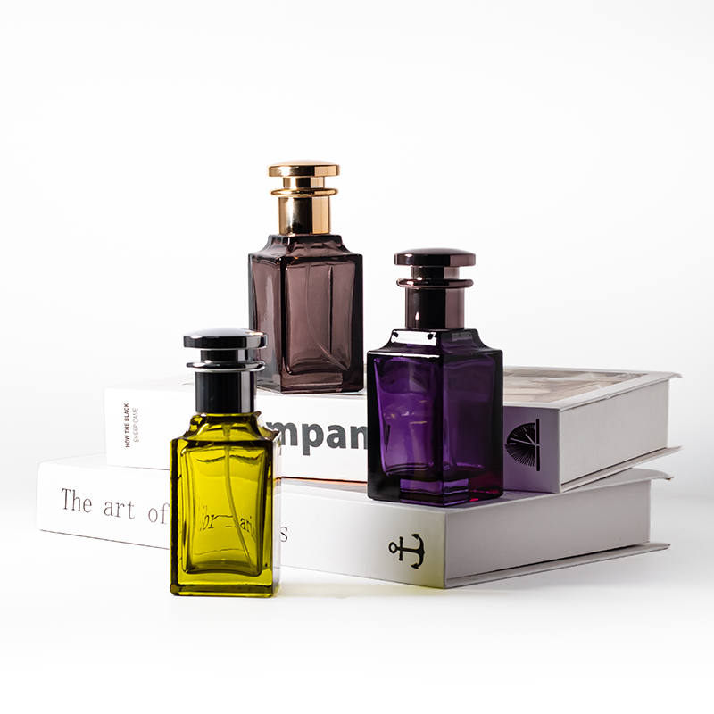 Botol Parfum Mewah Bentuk Persegi 50ml Warna Hijau Ungu Cokelat dengan Kotak Laci dan Tas Tangan