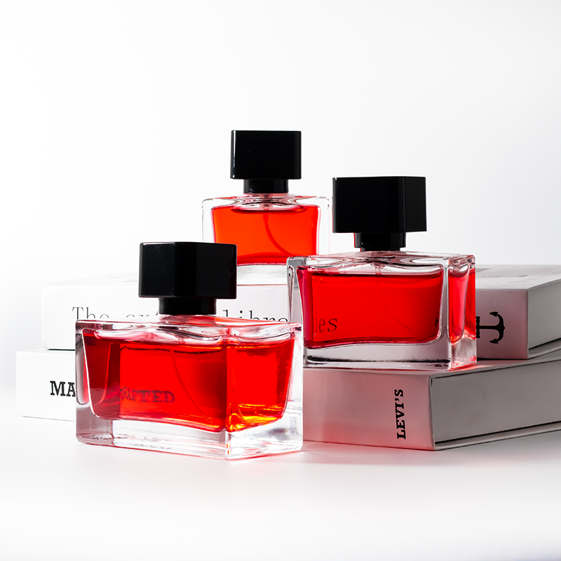 50ml Refillable Glass Rectangle Perfume Bottle Clear with Black Square Cap and Pump