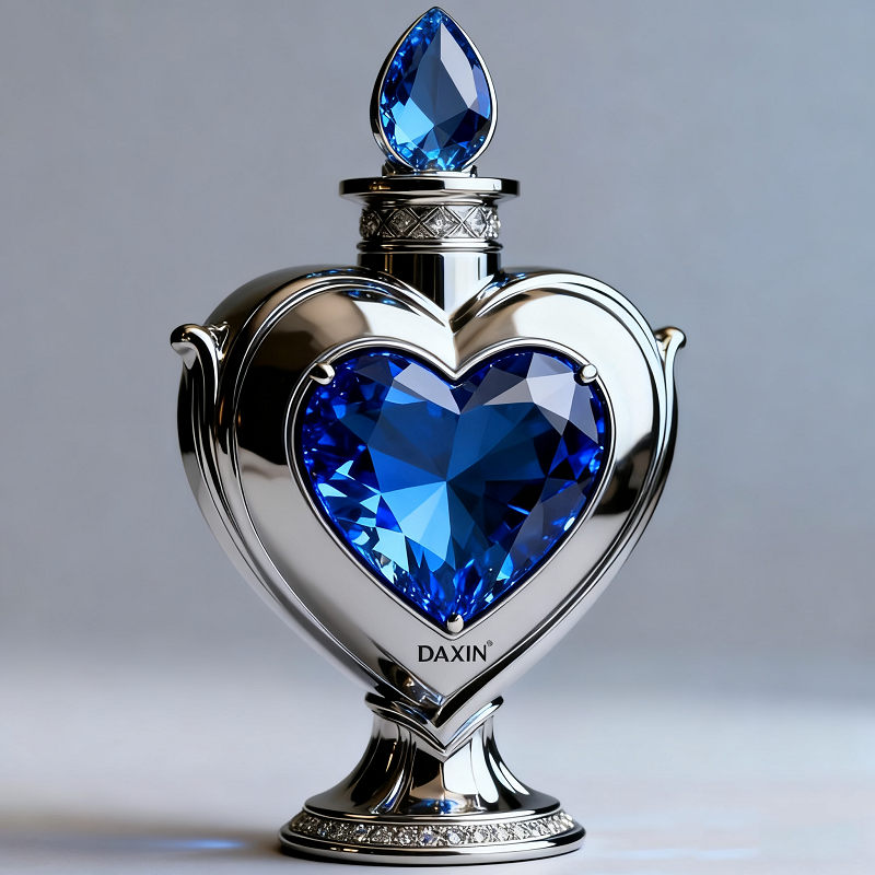 Frasco de perfume de lujo con forma de corazón, de cristal y con tapa decorativa.
