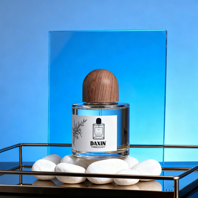 Frasco de perfume vacío de lujo con forma de anillo y cuello redondo, 30 ml y 100 ml, con tapa de madera.