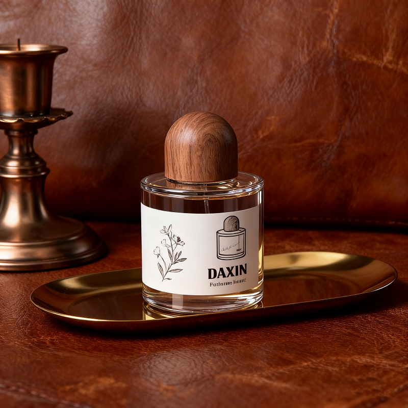 Frasco de perfume vacío de lujo con forma de anillo y cuello redondo, 30 ml y 100 ml, con tapa de madera.