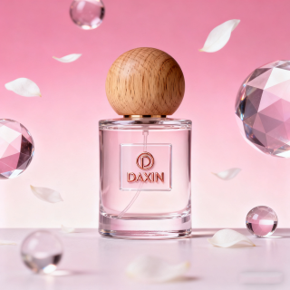 Flacons de parfum vides élégants pour femme, en forme de cylindre, avec autocollant en cuir personnalisé et bouchon en bois, disponibles en 30 ml, 50 ml et 100 ml.