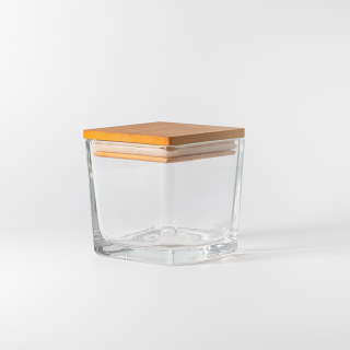 Barattoli per candele in vetro trasparente di forma quadrata da 70 ml e 315 ml con coperchio in legno per la decorazione della casa