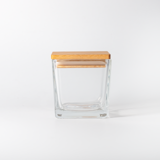 Barattoli per candele in vetro trasparente di forma quadrata da 70 ml e 315 ml con coperchio in legno per la decorazione della casa