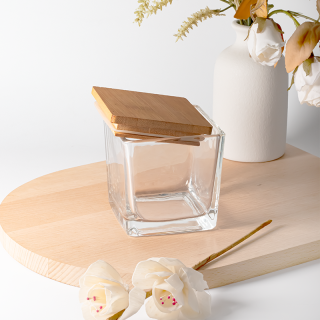 Barattoli per candele in vetro trasparente di forma quadrata da 70 ml e 315 ml con coperchio in legno per la decorazione della casa