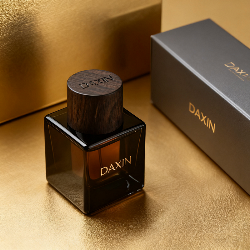 Flacon de parfum carré haut de gamme au style moderne, 100 ml ou 50 ml, avec coffret et bouchon en bois