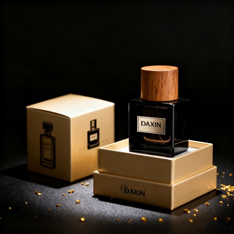 Flacon de parfum carré haut de gamme au style moderne, 100 ml ou 50 ml, avec coffret et bouchon en bois