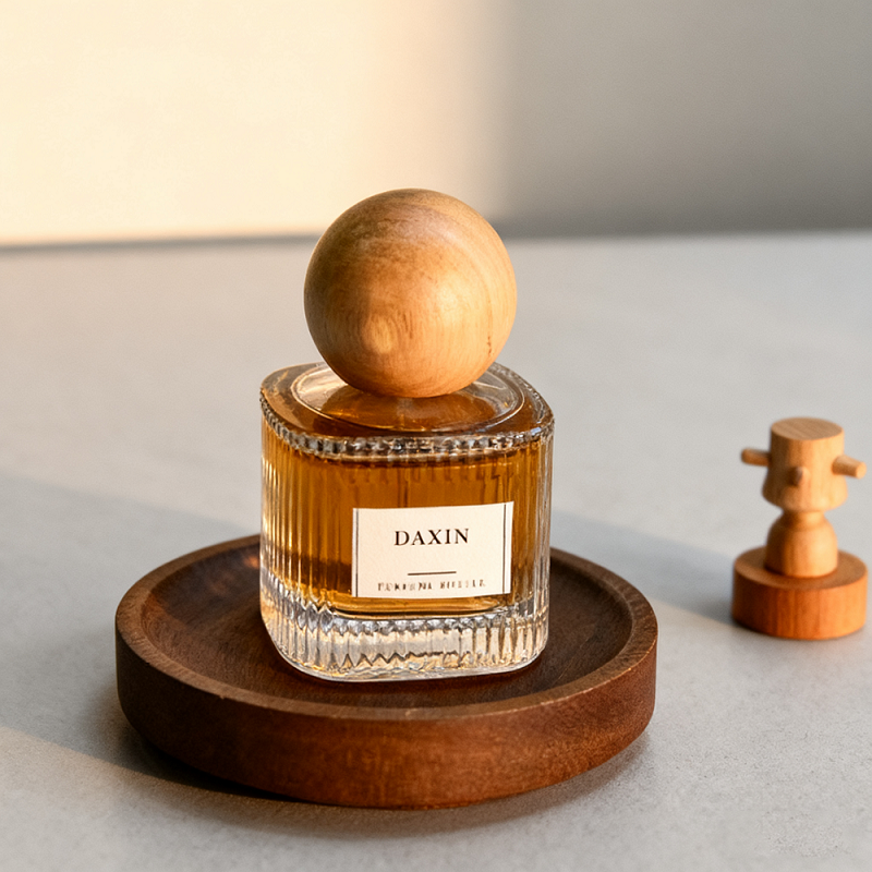 Flacon de parfum rond vide en verre transparent personnalisé de 30 ml, 50 ml et 100 ml avec bouchon en bois
