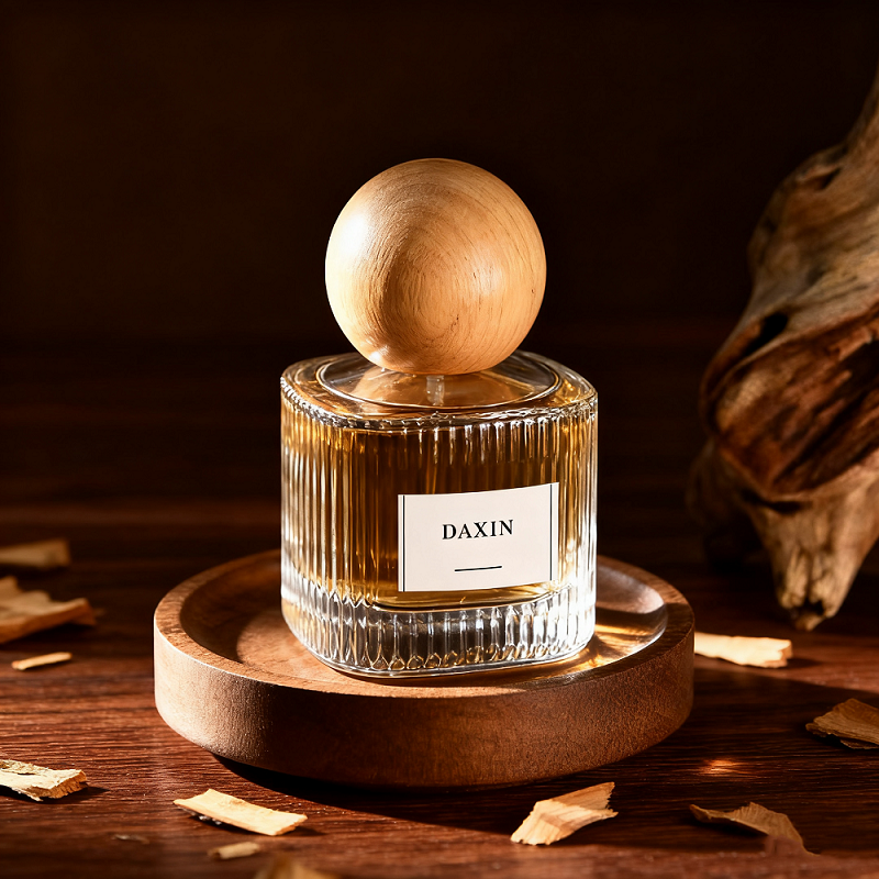 Flacon de parfum rond vide en verre transparent personnalisé de 30 ml, 50 ml et 100 ml avec bouchon en bois