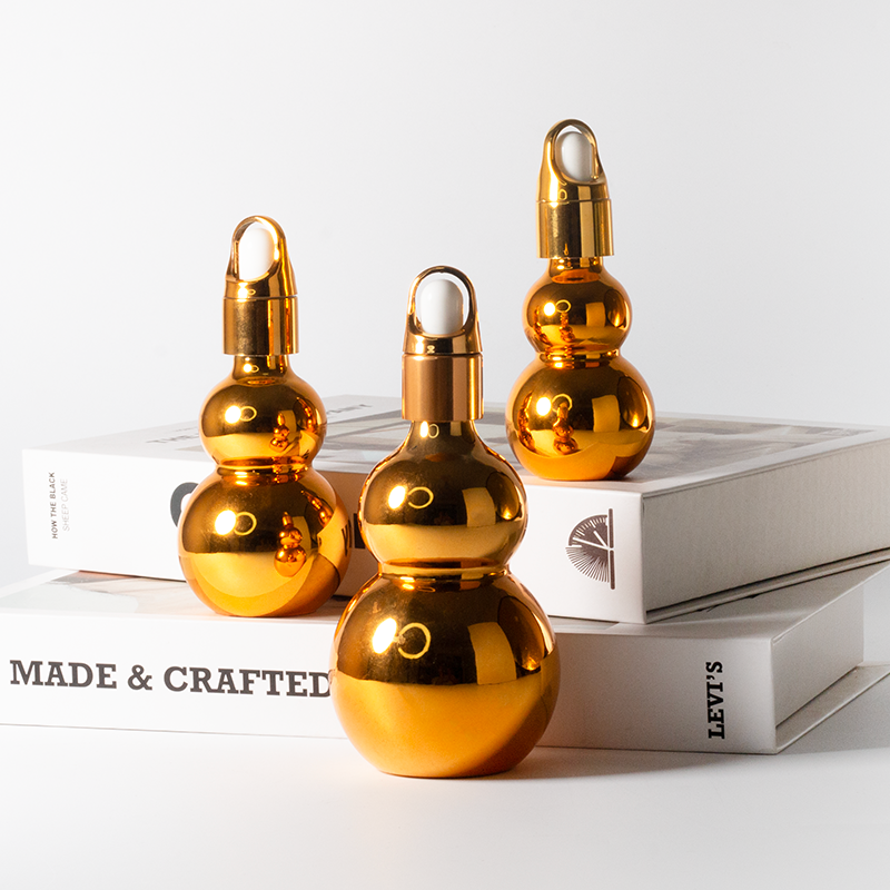 Electroplating Gold Gourd Shape Glass Dropper Bottle with Flower Basket Cap Easy Open End Non-Spill