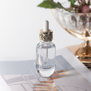 원형 향수 오일 유리 스포이드 병, 독특한 금색 스포이드 뚜껑이 있는 투명 유리병, 30ml