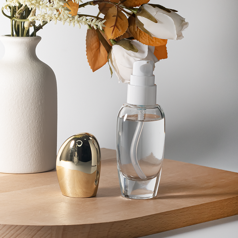 Botol Kosmetik Datar Transparan dengan Logo Kustom untuk Krim Wajah 40ml dan Serum Rambut 100ml, Botol Kosong dengan Pompa dan Segel Batu.