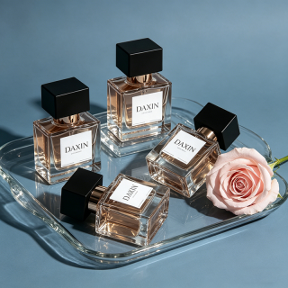 Flacon de parfum carré plat en verre de luxe, avec bouchon en zinc zamac étanche et boîte.