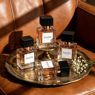 Flacon de parfum carré plat en verre de luxe, avec bouchon en zinc zamac étanche et boîte.