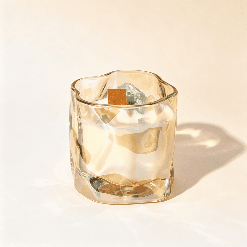 Nuevo y exclusivo tarro de cristal con diseño de ondas retorcidas en múltiples colores y borde ondulado irregular, ideal para velas de lujo.