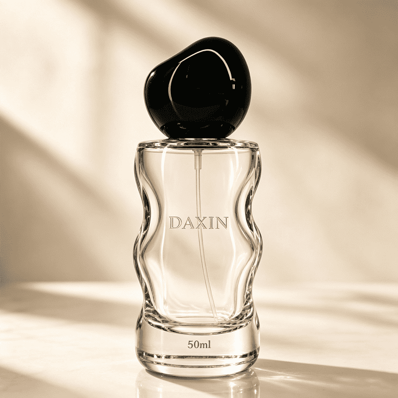 50 ml transparente, individuell gestaltbare Nachfüllflasche für Parfümöl aus Glas, leer, mit Bördelverschluss, Duftsprayflasche