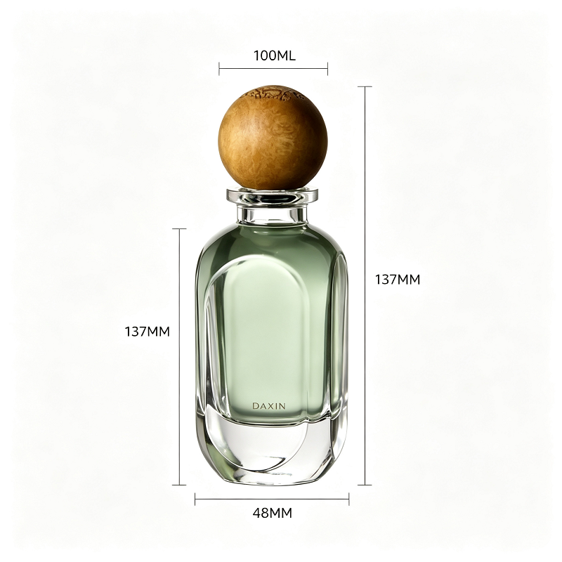 Cosmetic Refillable Container 100ml Clear Empty Glass Perfume Spray Bottle with Wood Round Cap