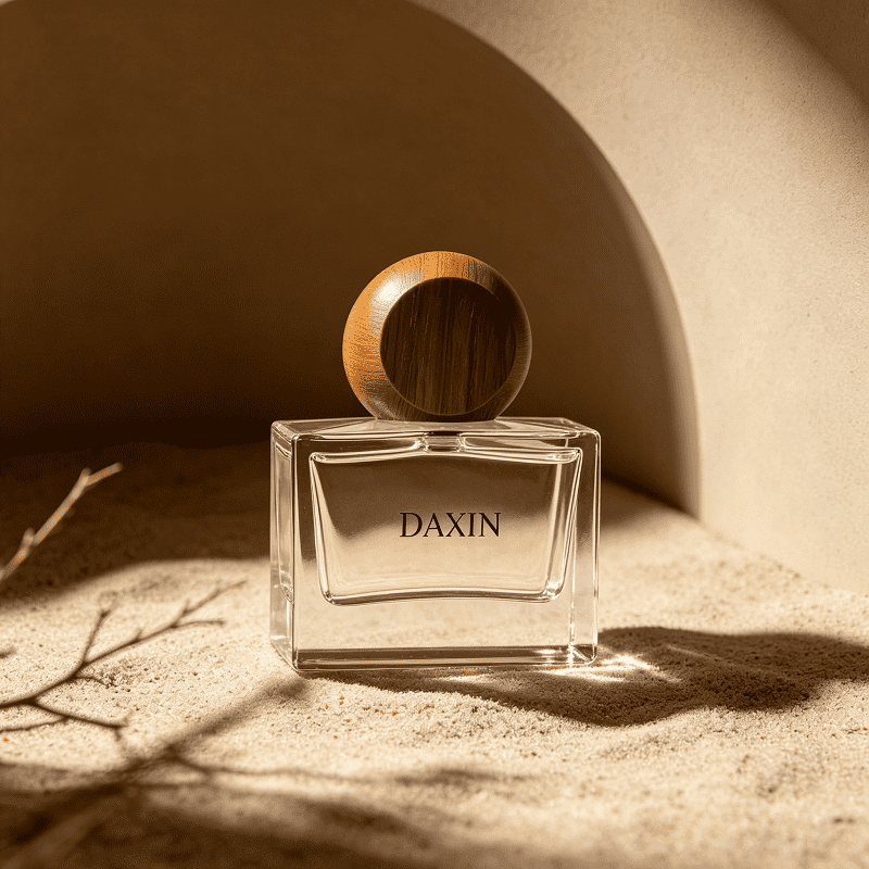 Eleganti flaconi di profumo vuoti in vetro da 30 ml, 50 ml e 100 ml con tappo in legno, personalizzabili con logo.