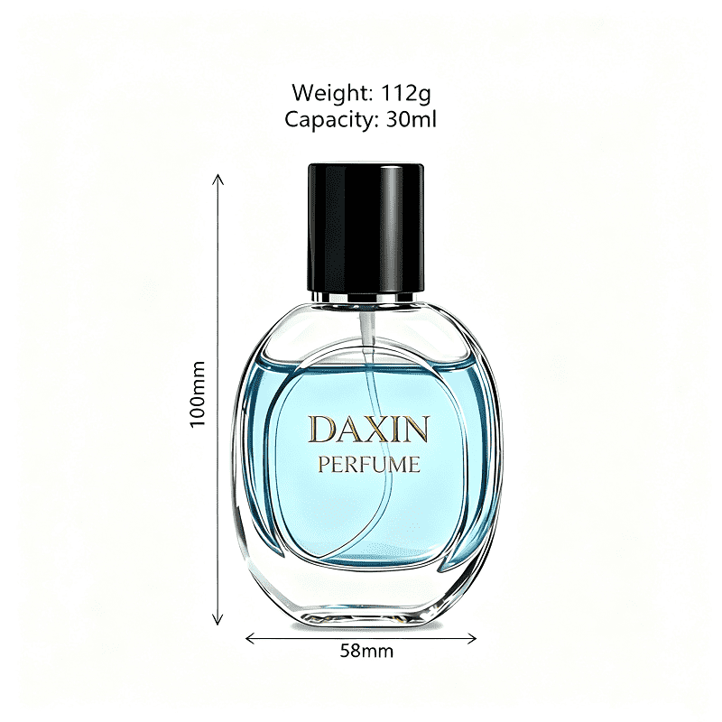 Disponibile in pronta consegna: flacone di profumo vuoto in vetro da 30 ml con design personalizzato e confezione di lusso, completo di scatola.