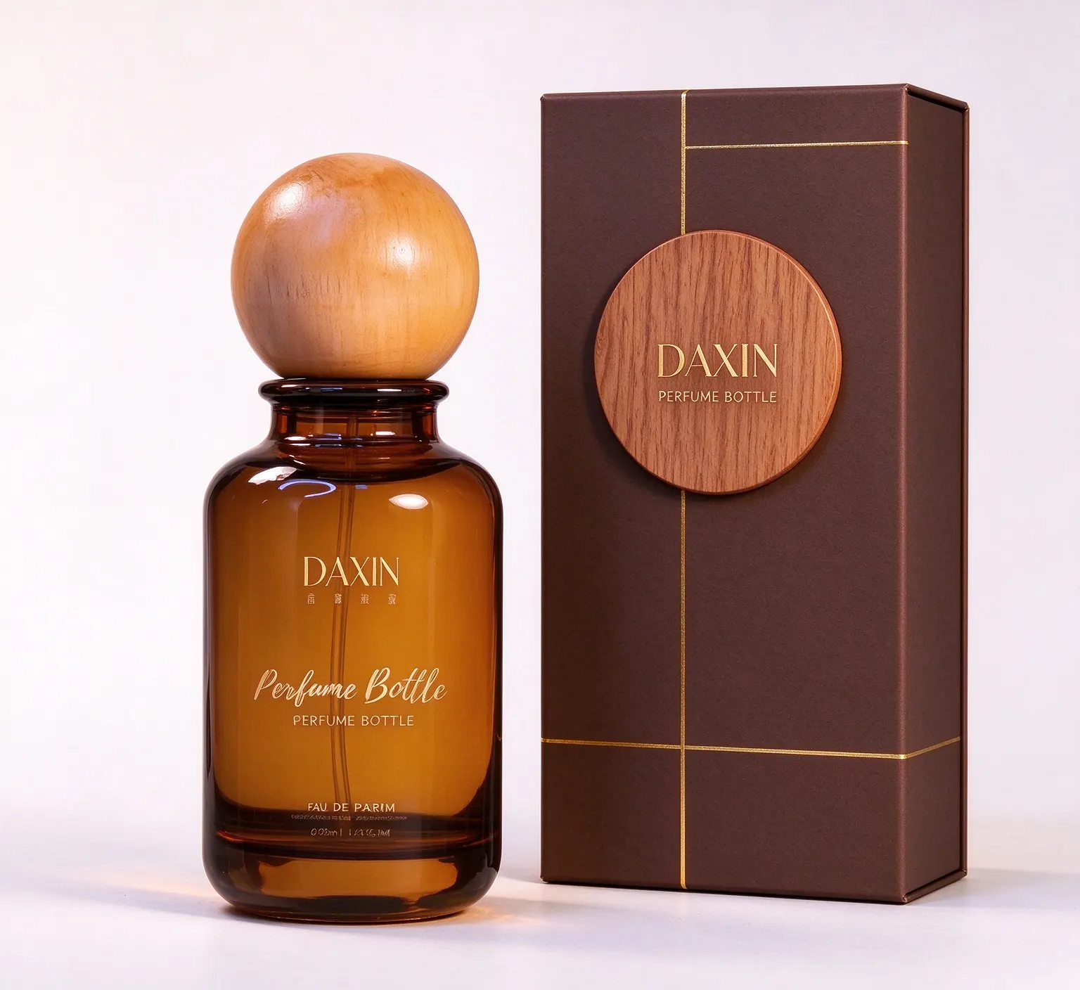 Amber Perfume Bottle with Wooden Ball Cap and Gift Box