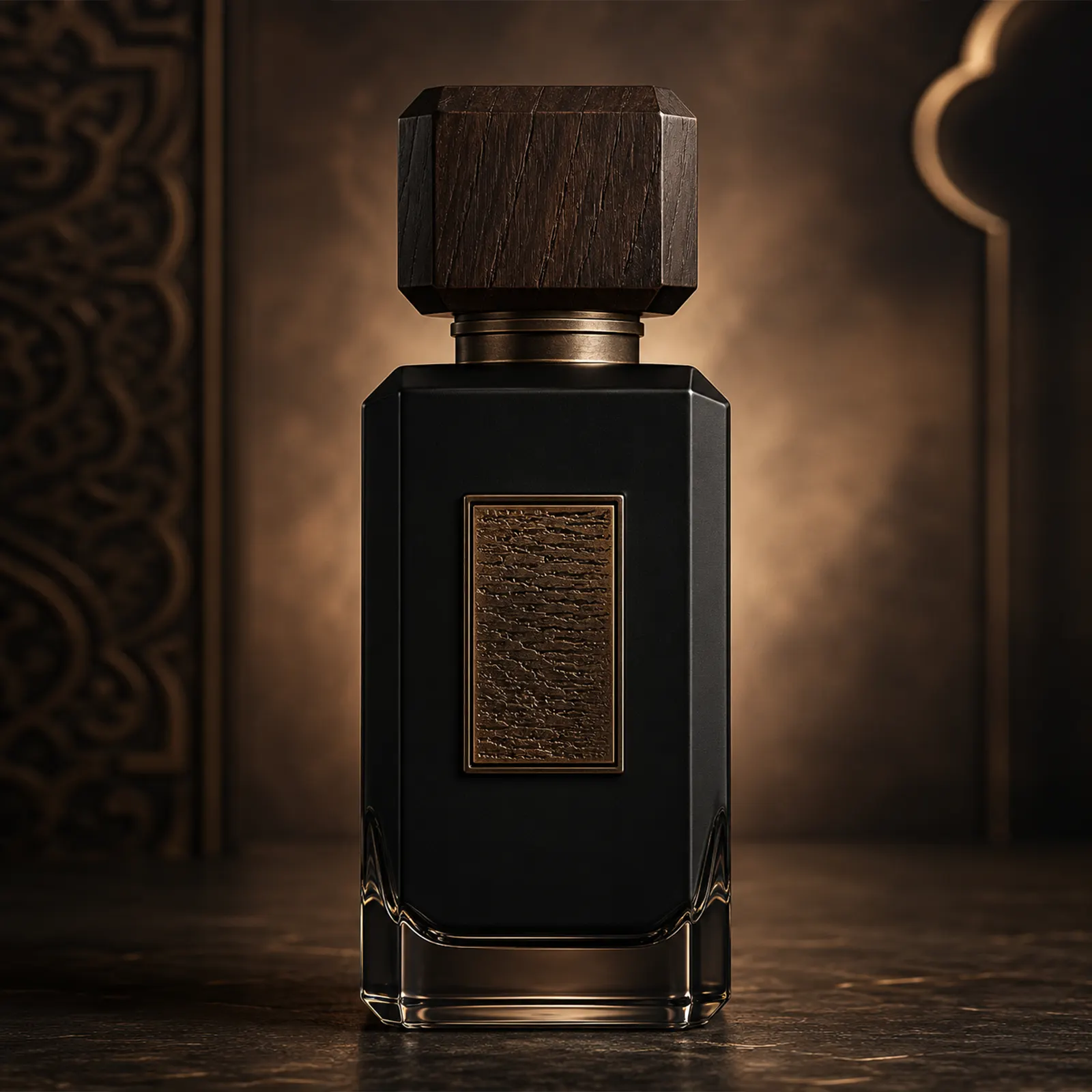 Rectangular Perfume Bottle with Wooden Cap & Metal Plate