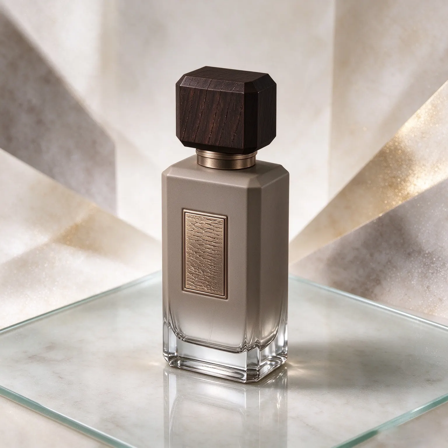 Rectangular Perfume Bottle with Wooden Cap & Metal Plate