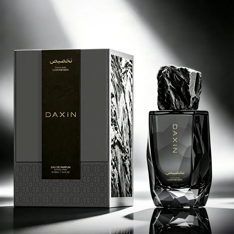 Black Faceted Perfume Bottle with Stone Cap & Gift Box