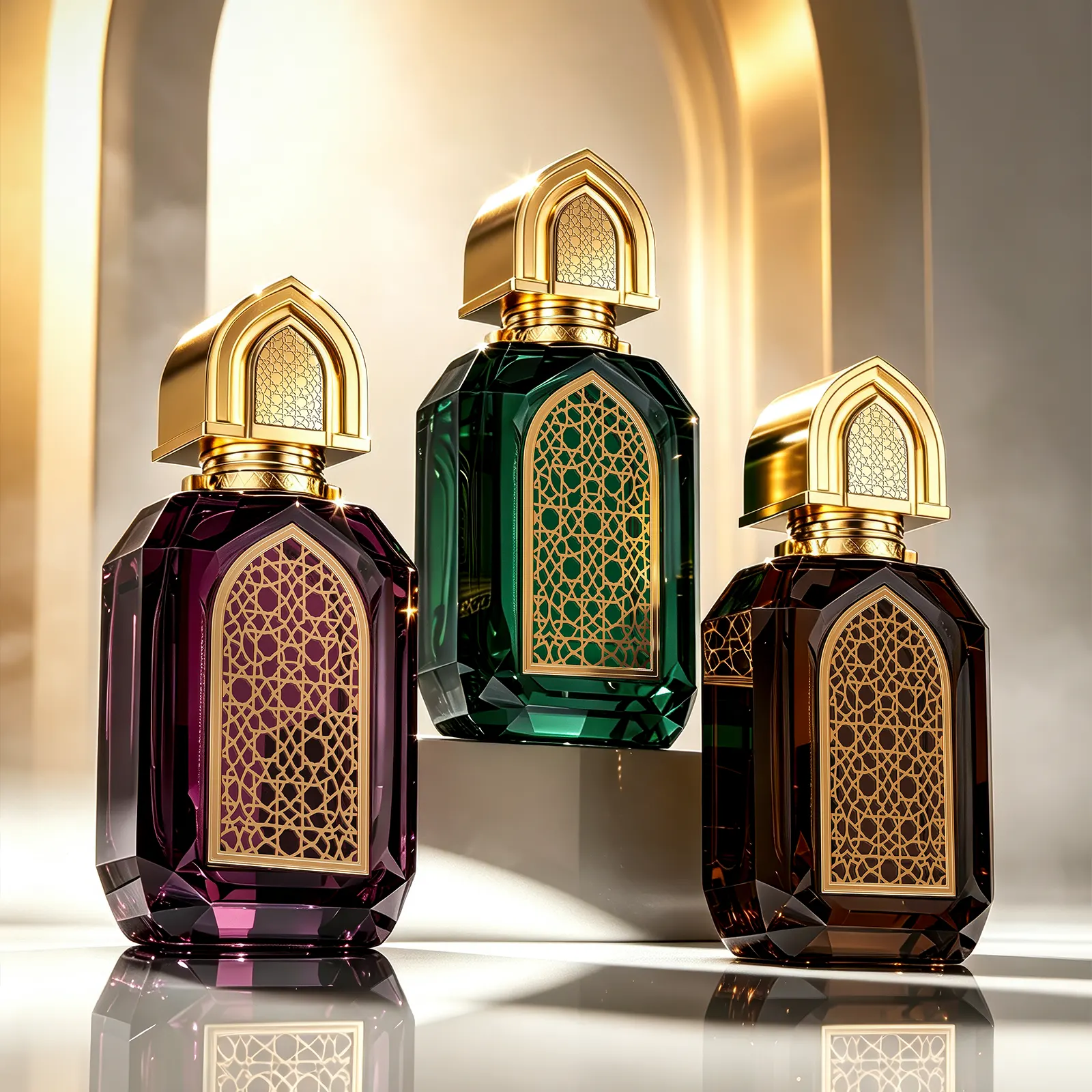 Arabic Crystal Perfume Bottle with Gold Carved Metal Cap