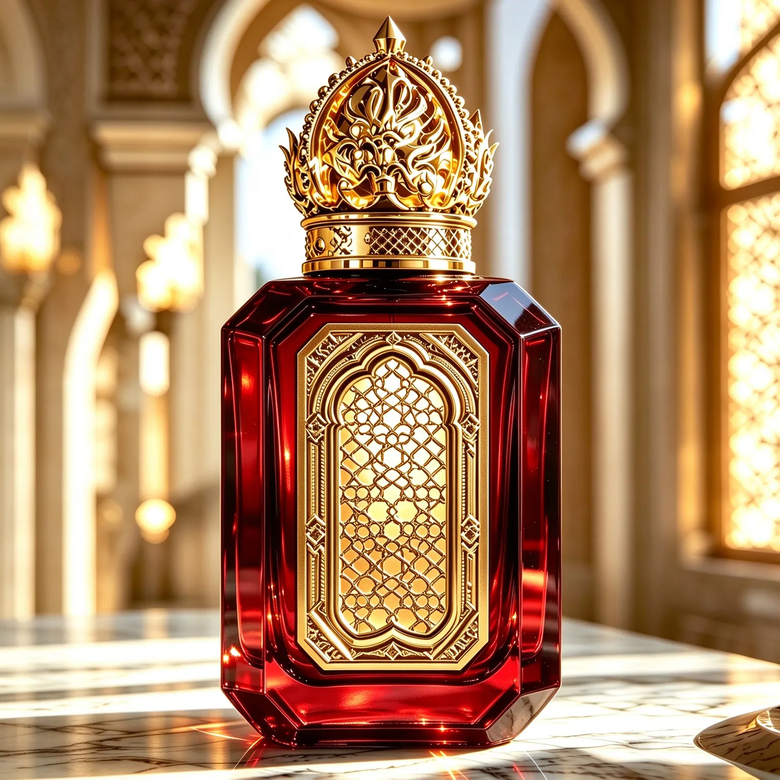 Arabic Crystal Perfume Bottle with Gold Carved Metal Cap