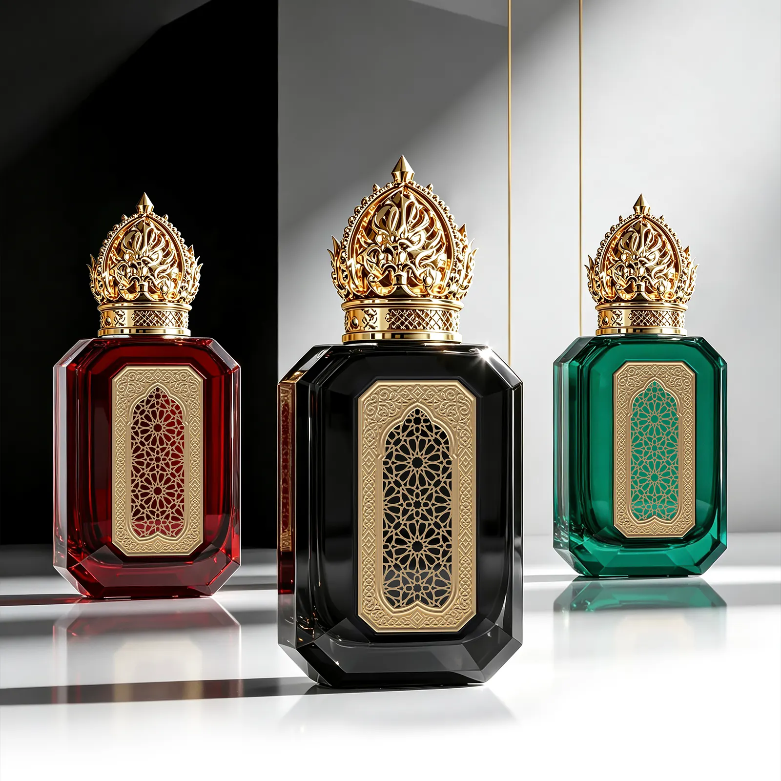 Arabic Crystal Perfume Bottle with Gold Carved Metal Cap