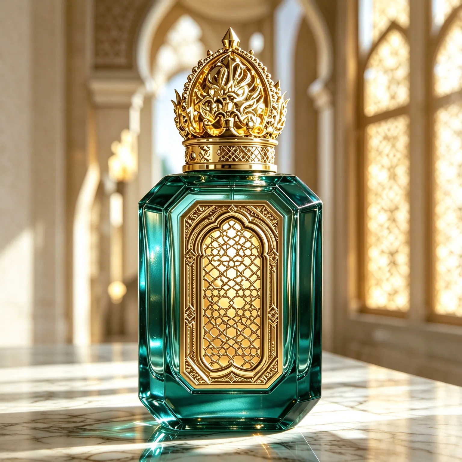 Arabic Crystal Perfume Bottle with Gold Carved Metal Cap