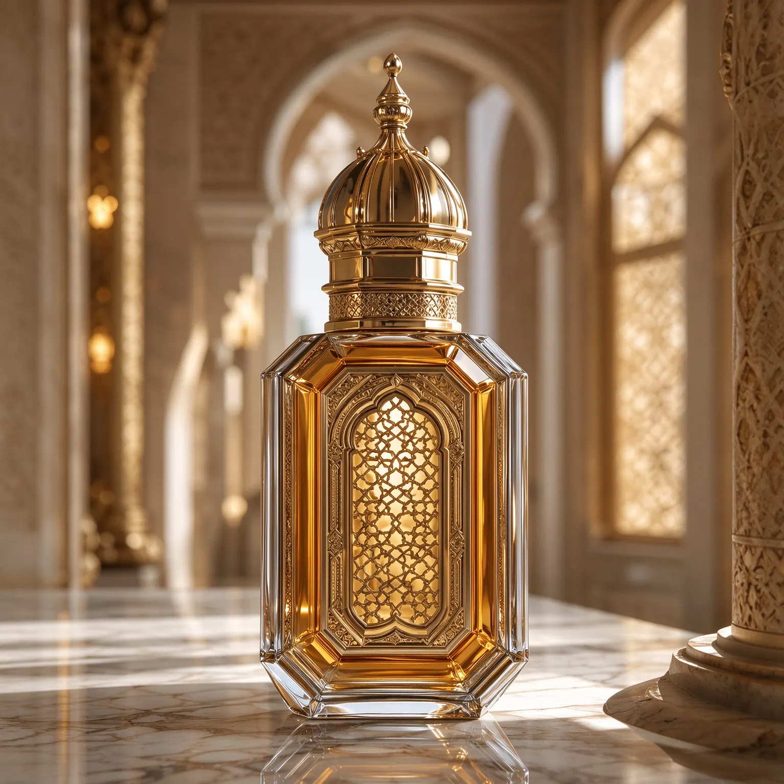 Arabic Crystal Perfume Bottle with Gold Carved Metal Cap