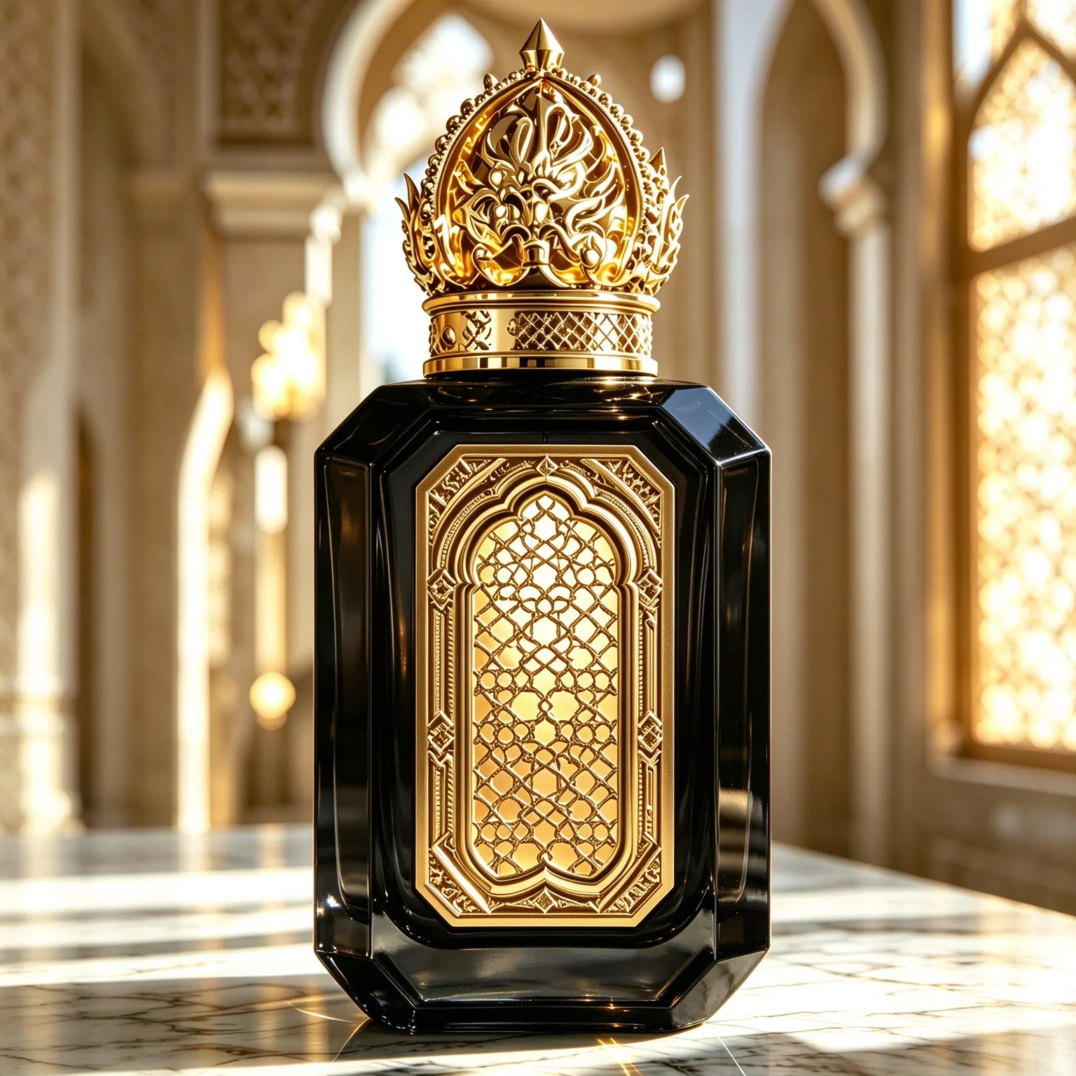 Arabic Crystal Perfume Bottle with Gold Carved Metal Cap