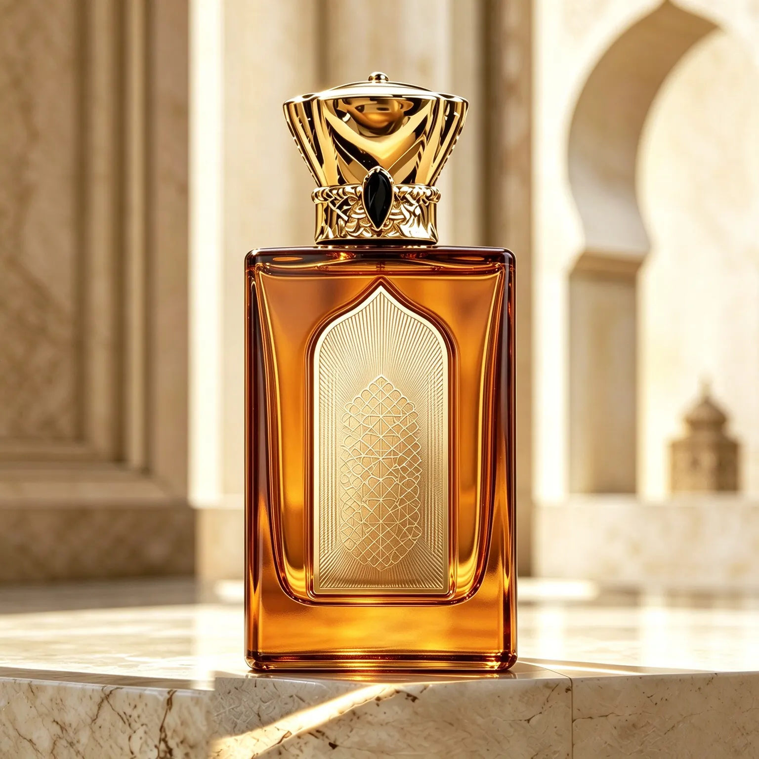 Rectangular Perfume Bottle with Gold Crown Cap & Gemstone