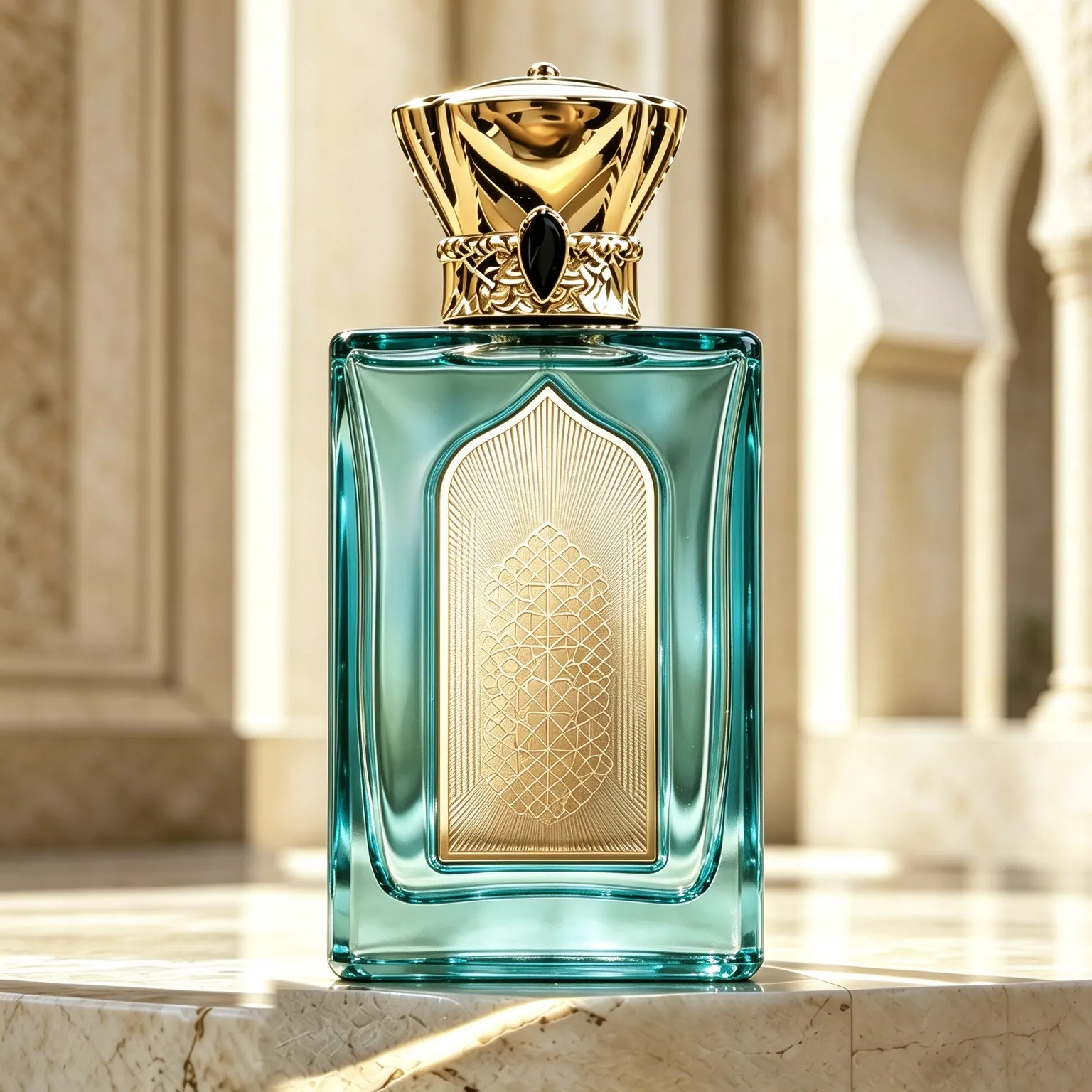 Rectangular Perfume Bottle with Gold Crown Cap & Gemstone