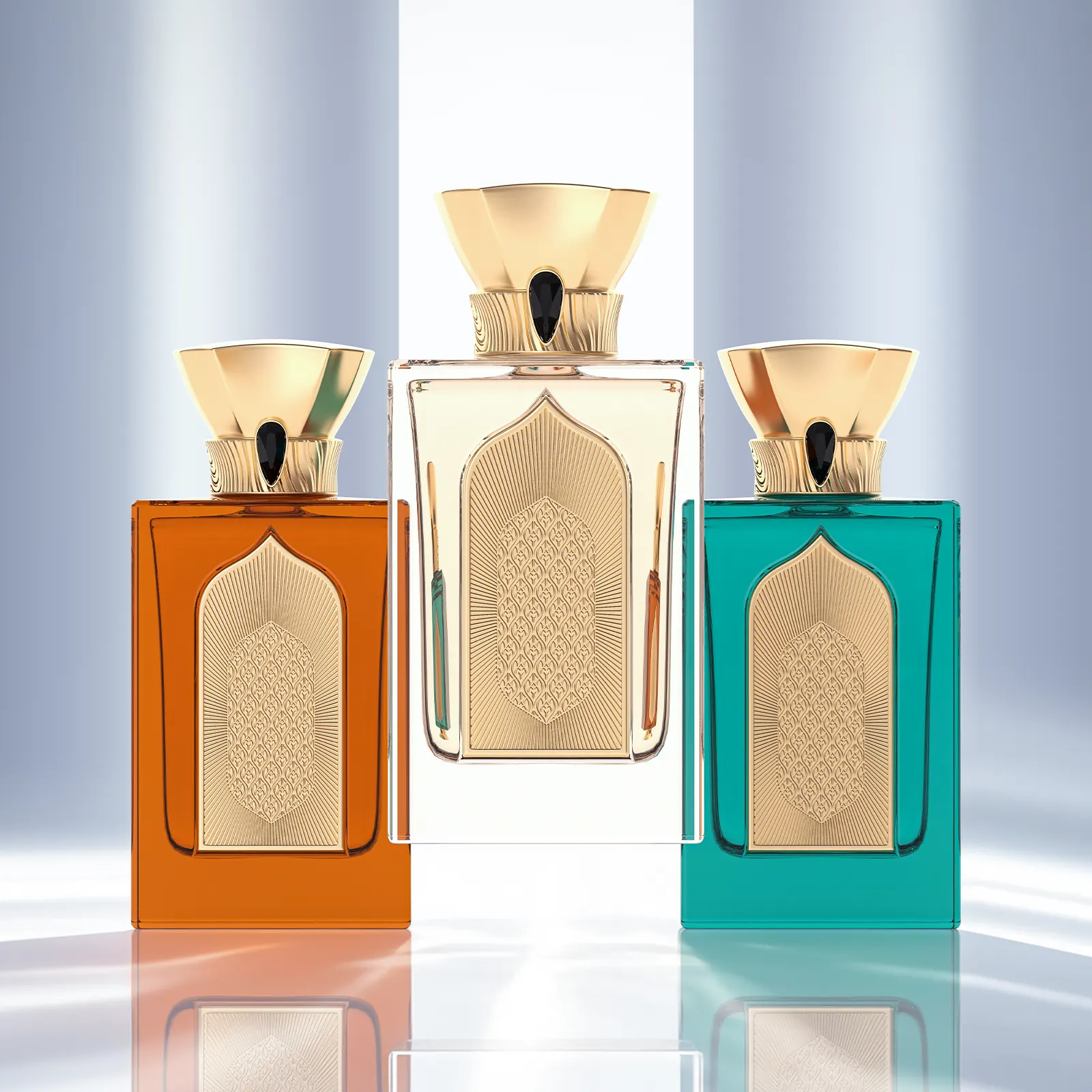 Rectangular Perfume Bottle with Gold Crown Cap & Gemstone