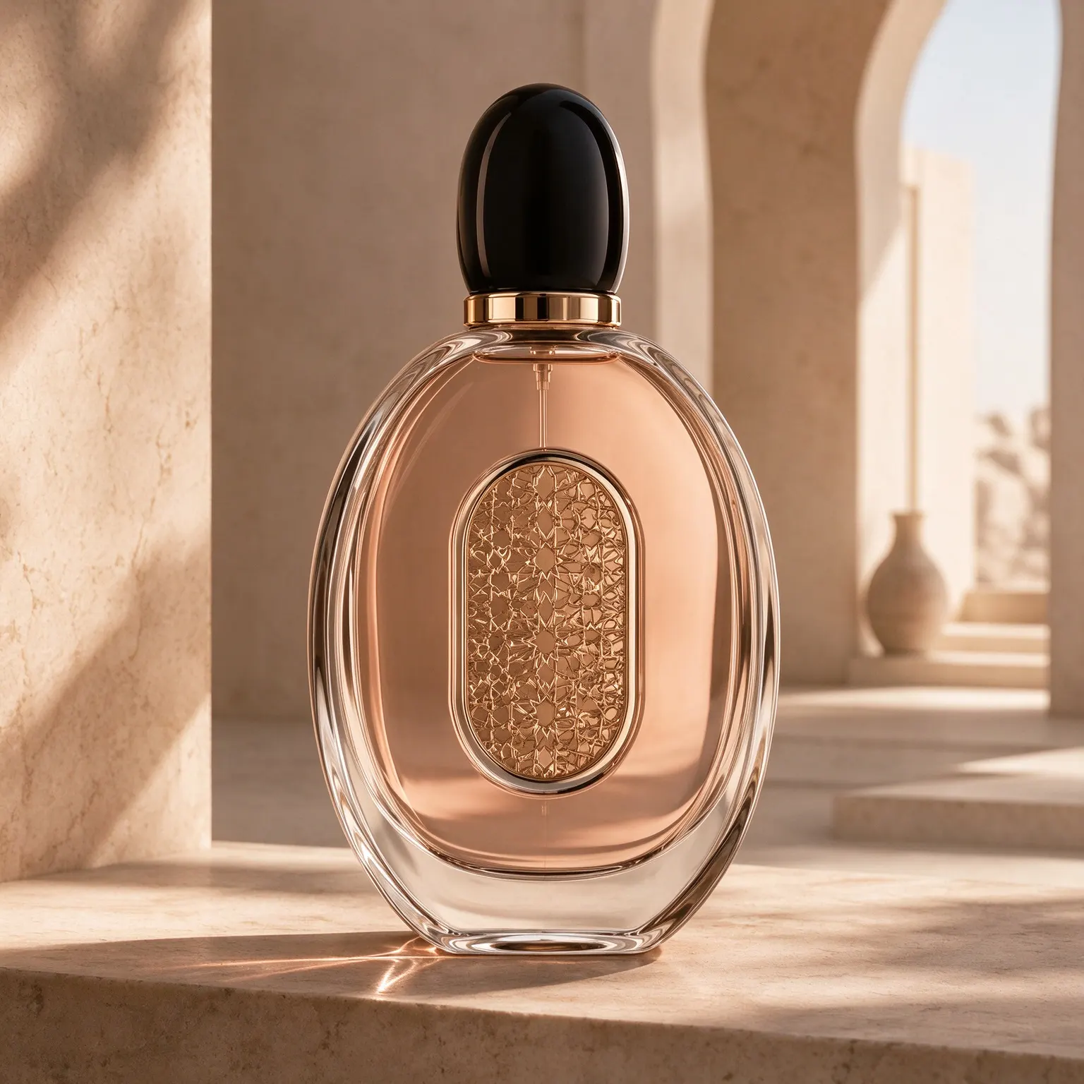 Oval Perfume Bottle with Gold Crown Cap & Filigree Plaque