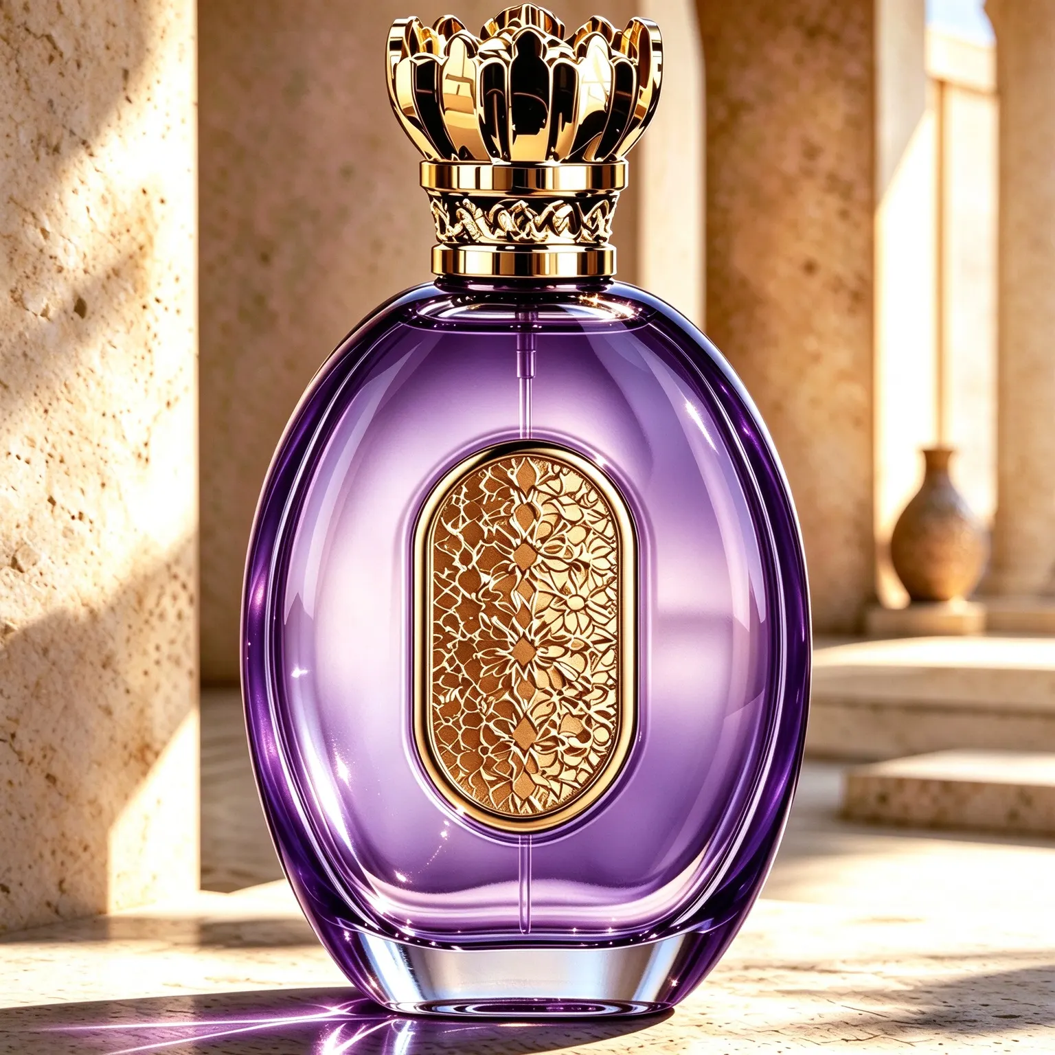 Oval Perfume Bottle with Gold Crown Cap & Filigree Plaque