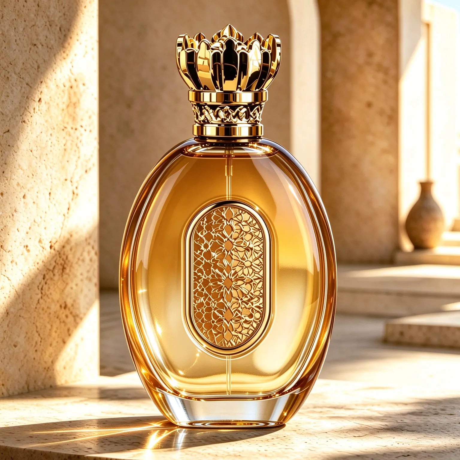 Oval Perfume Bottle with Gold Crown Cap & Filigree Plaque
