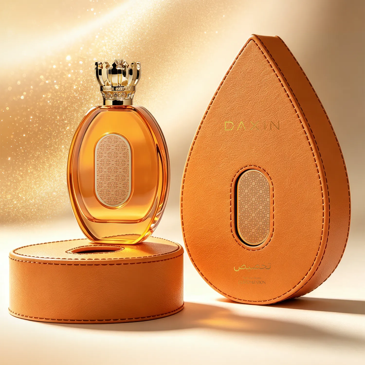 Oval Perfume Bottle with Gold Crown Cap & Filigree Plaque