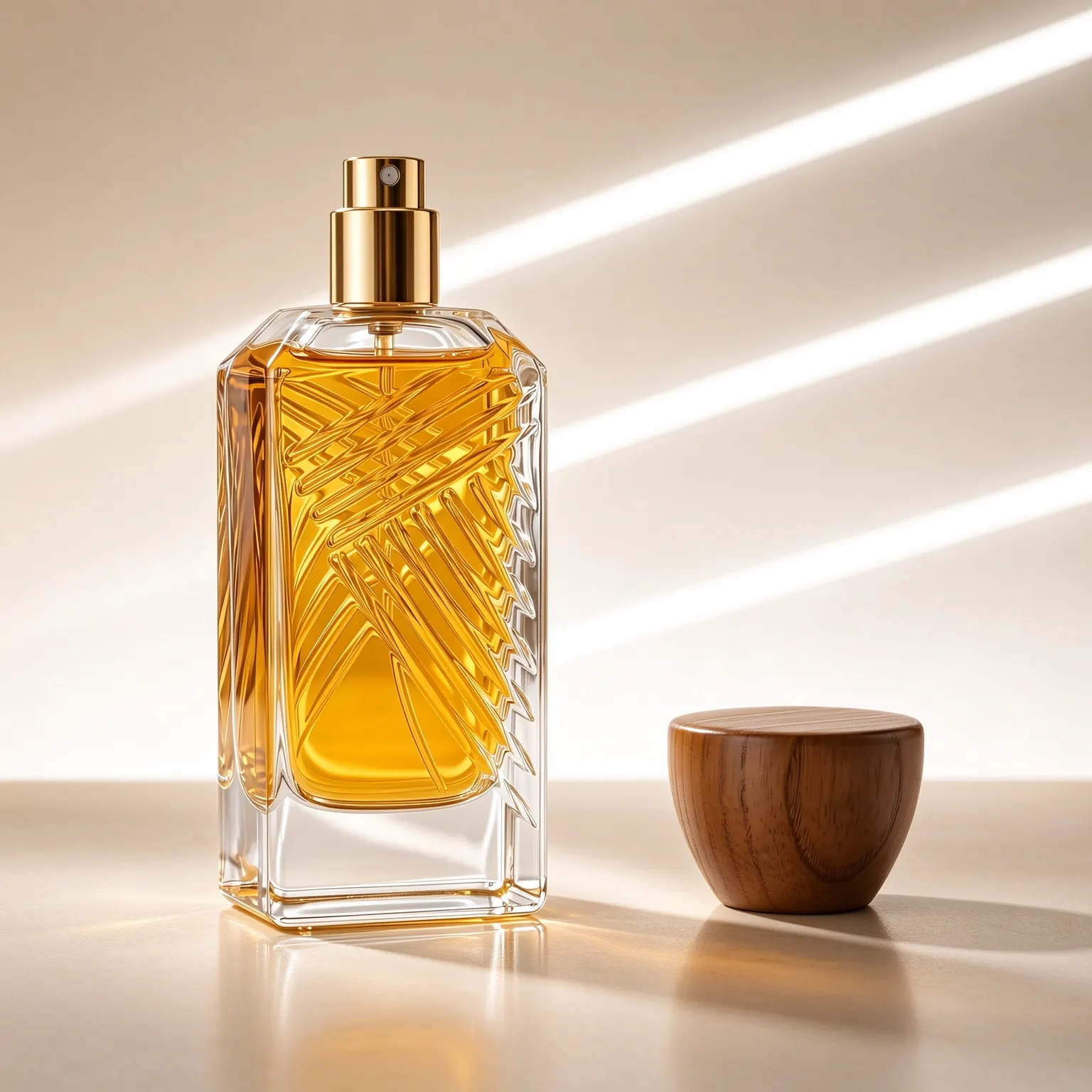 Square Perfume Bottle with Diagonal Embossed Texture & Wooden Cap