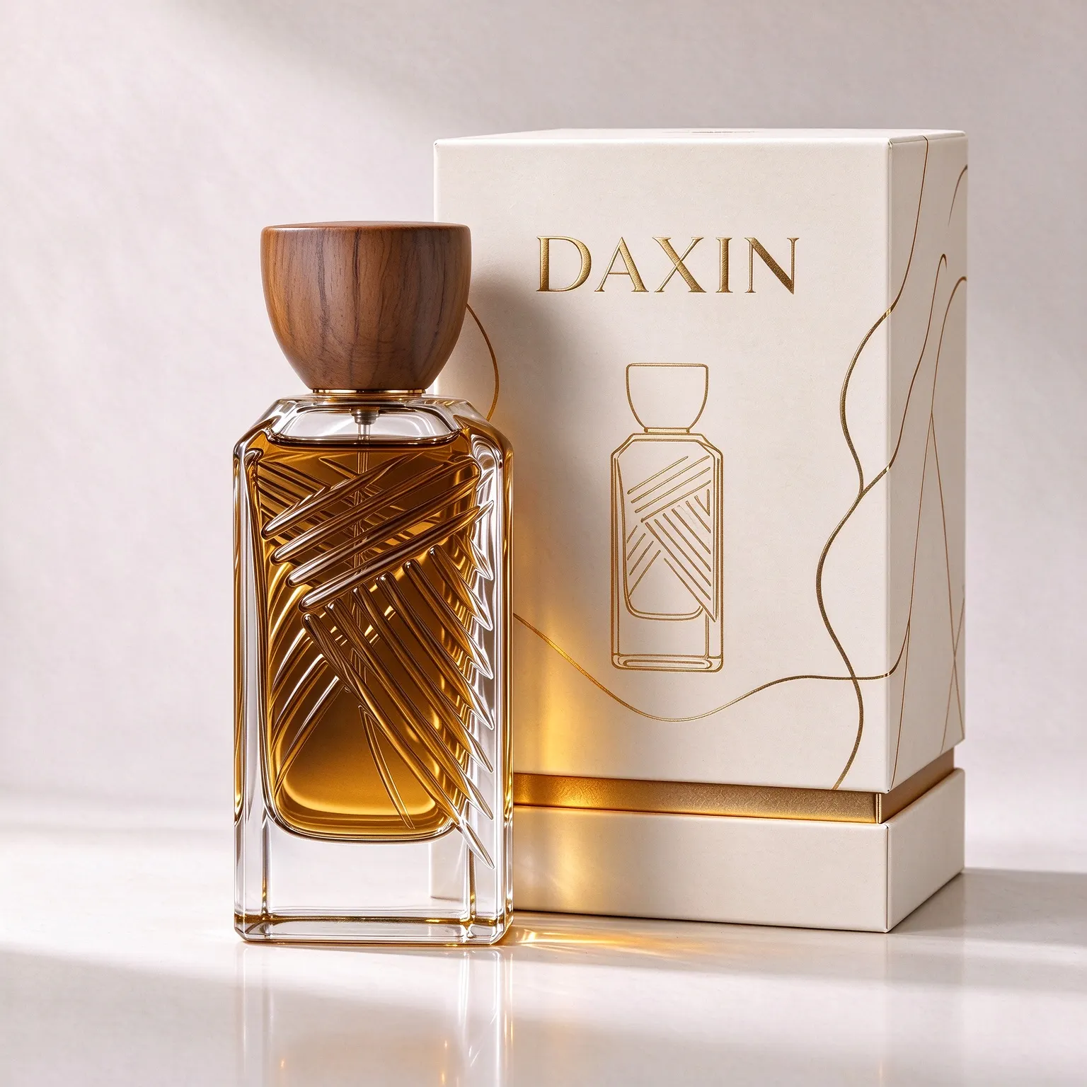 Square Perfume Bottle with Diagonal Embossed Texture & Wooden Cap