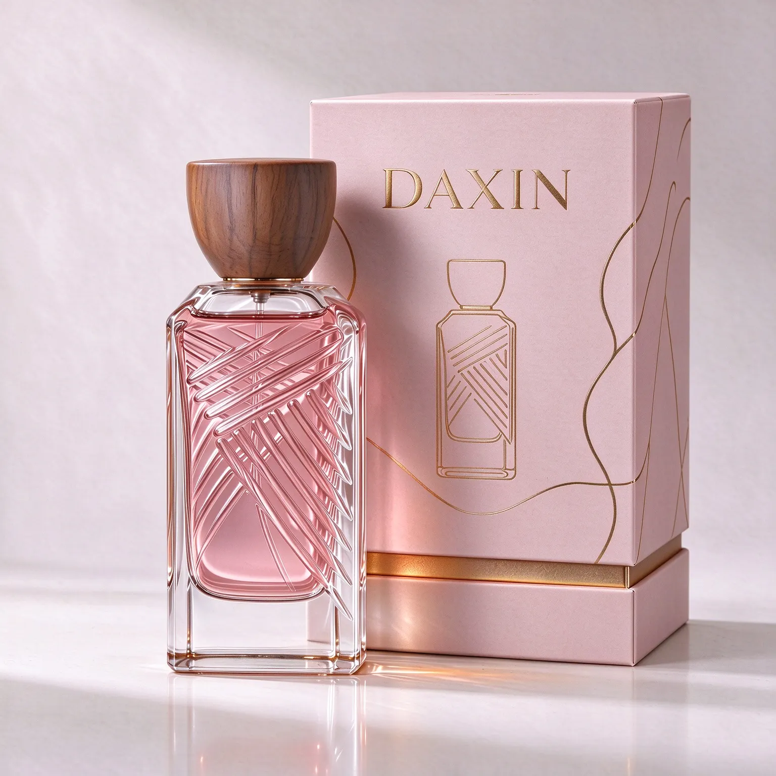 Square Perfume Bottle with Diagonal Embossed Texture & Wooden Cap