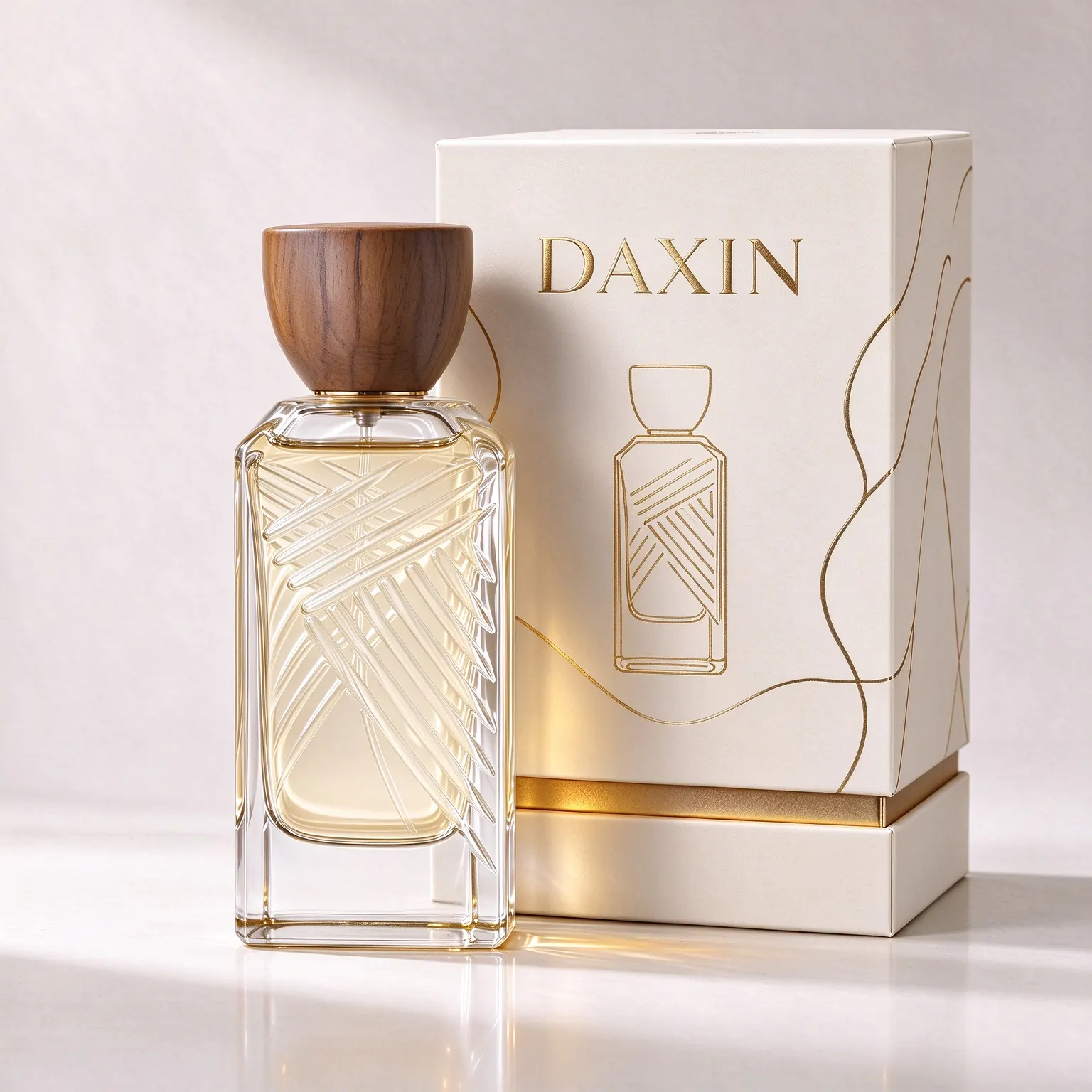 Square Perfume Bottle with Diagonal Embossed Texture & Wooden Cap