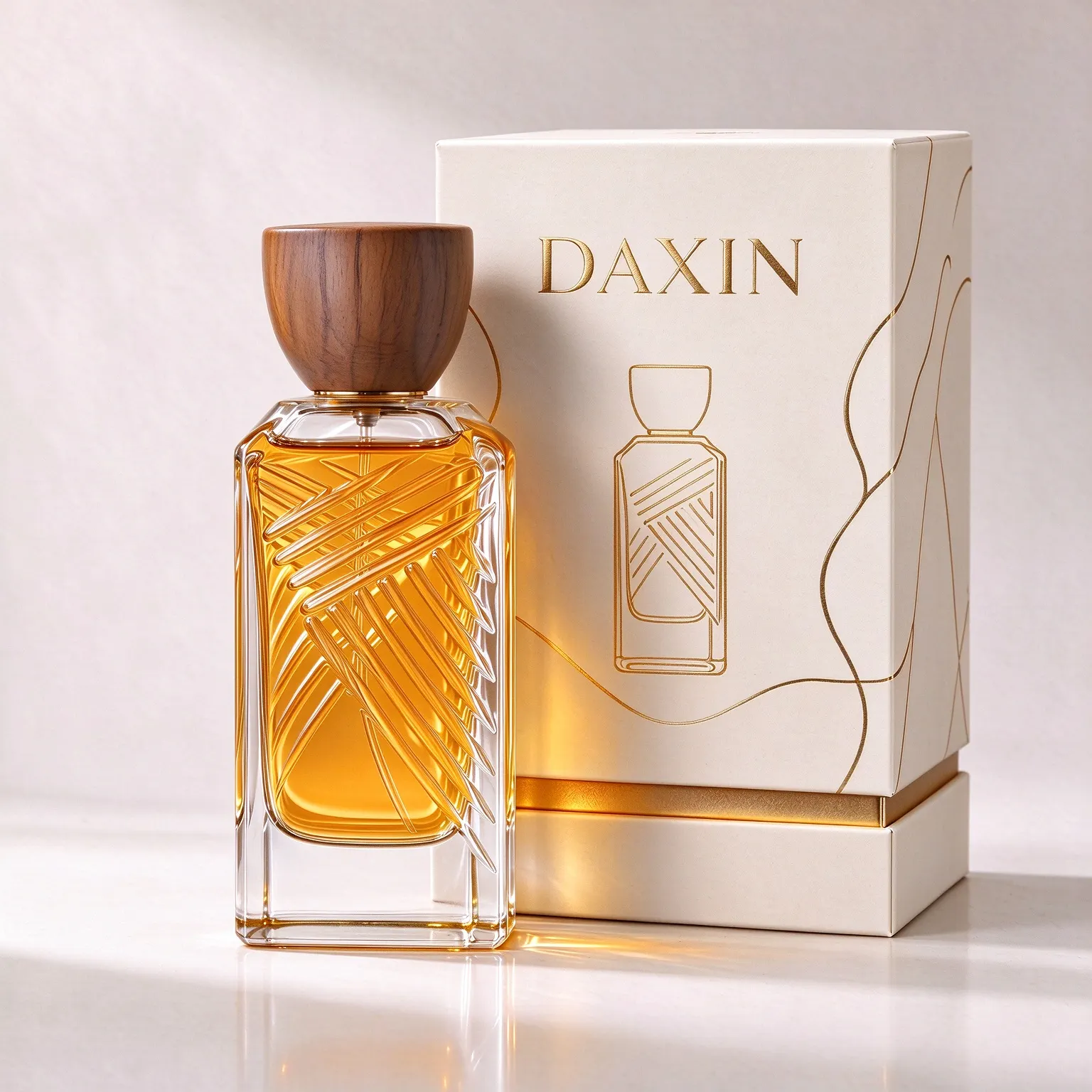Square Perfume Bottle with Diagonal Embossed Texture & Wooden Cap
