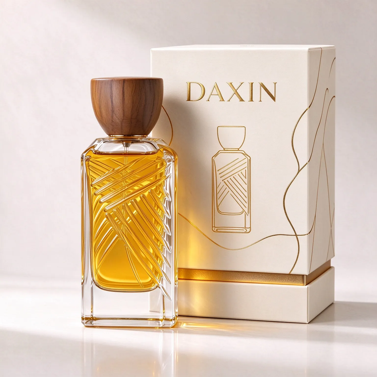 Square Perfume Bottle with Diagonal Embossed Texture & Wooden Cap