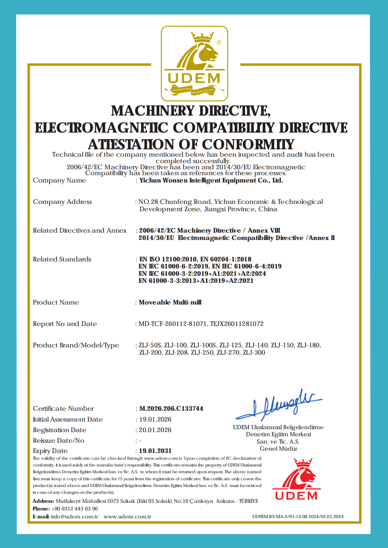 El molino multiusos móvil Wonsen obtiene la última Declaración de conformidad CE