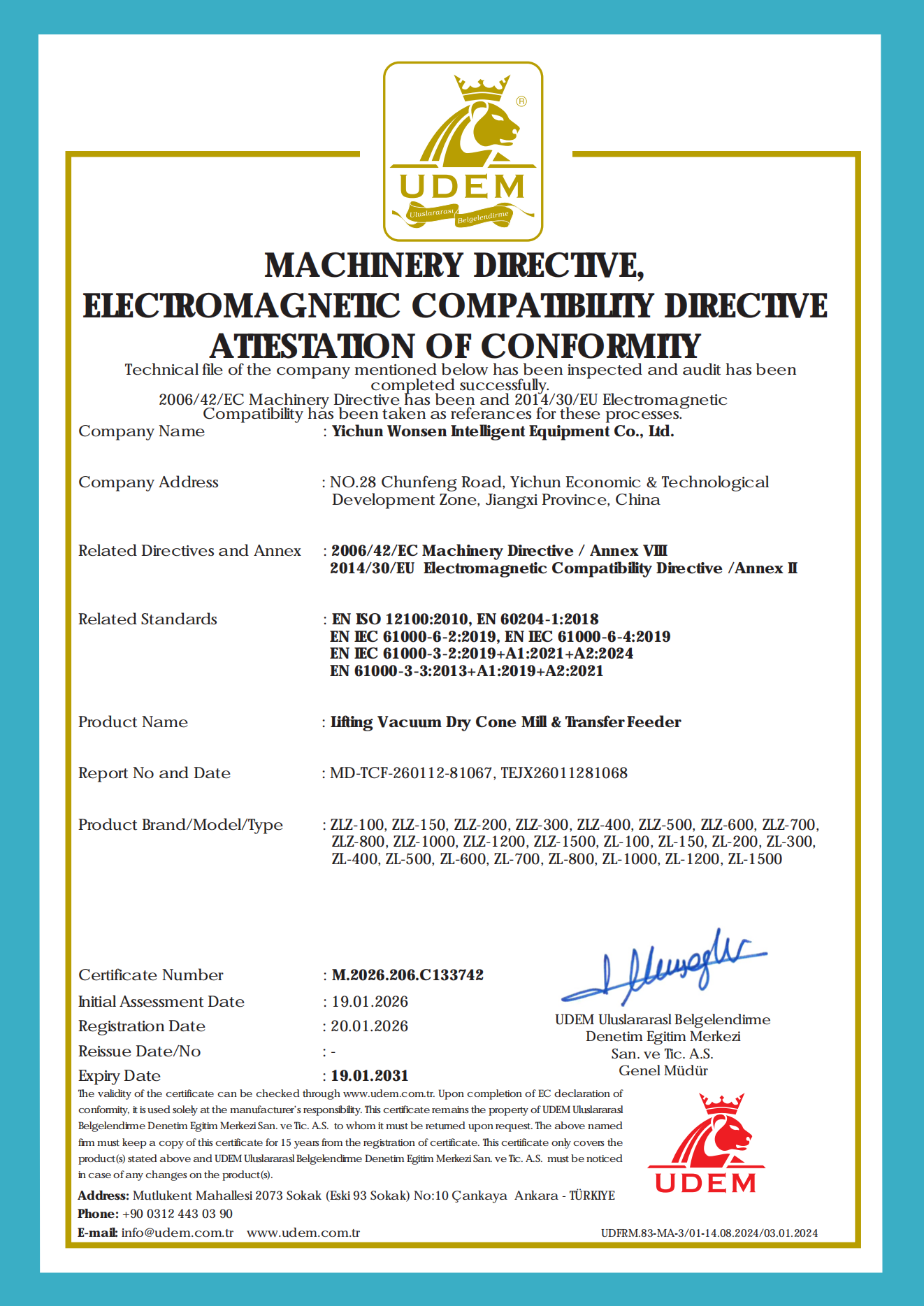 Molino de cono seco al vacío y alimentador de transferencia Wonsen Obtenga la última Declaración de conformidad CE