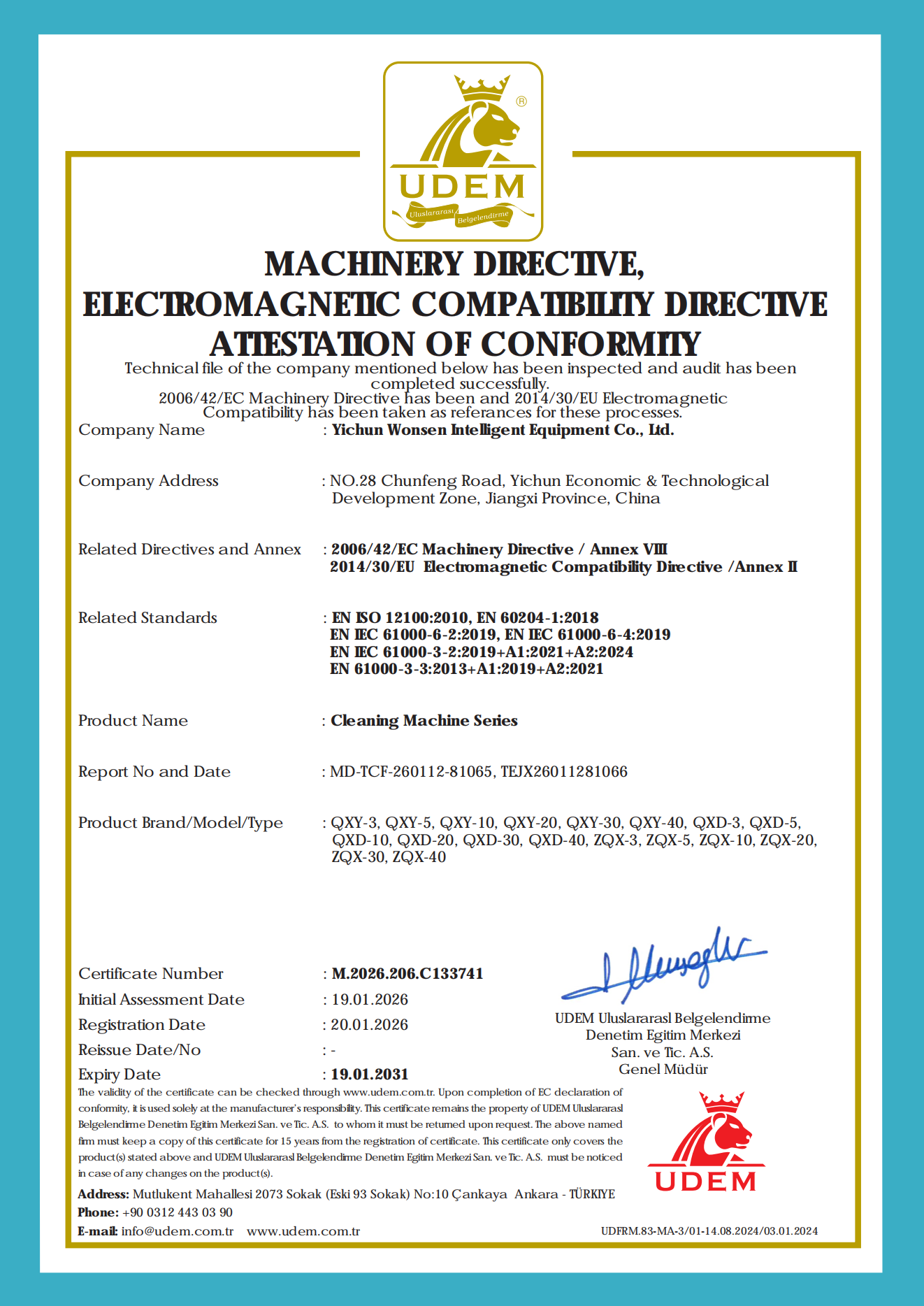 Wonsen Cleaning Machine Senies Obțineți cea mai recentă Declarație de Conformitate CE